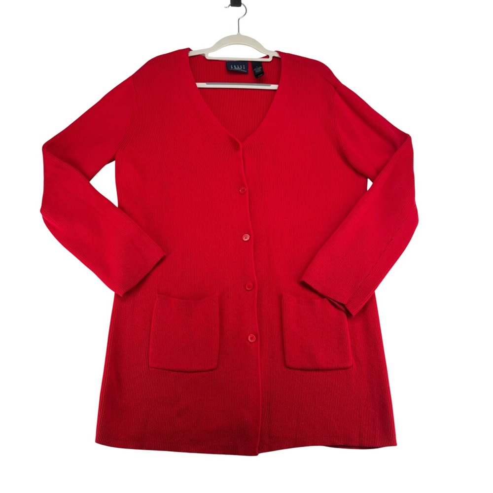 Crazy Horse Ribbed Longline Cardigan 100% Cotton Sweater Women Large Red Y2K